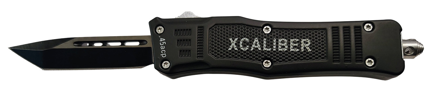 Xcaliber Knife Company 45 ACP Small 2.75″ OTF Tanto Plain Black 440C SS Blade, 3.91″ Steel Handle