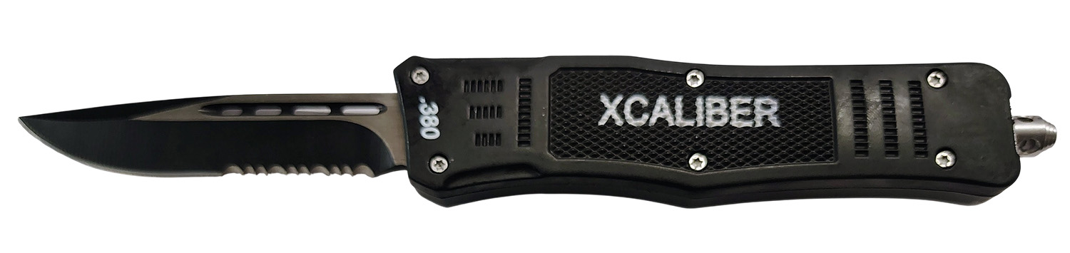 Xcaliber Knife Company 380 ACP Medium 3.25″ OTF Part Serrated Black 440C SS Blade, 4.64″ Steel Handle