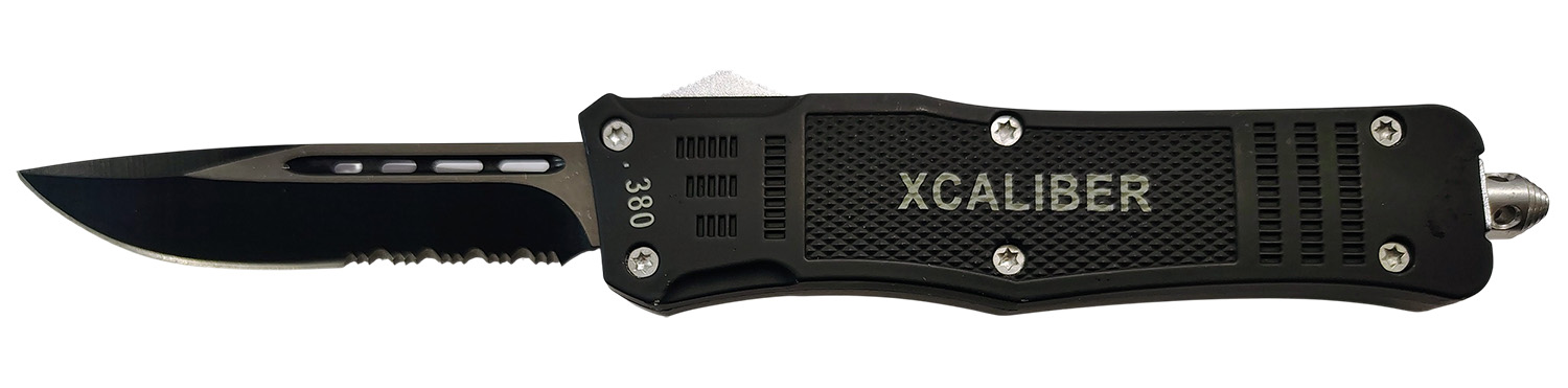 Xcaliber Knife Company 380 ACP Large 3.80″ OTF Part Serrated Black 440C SS Blade, 5.30″ Steel Handle