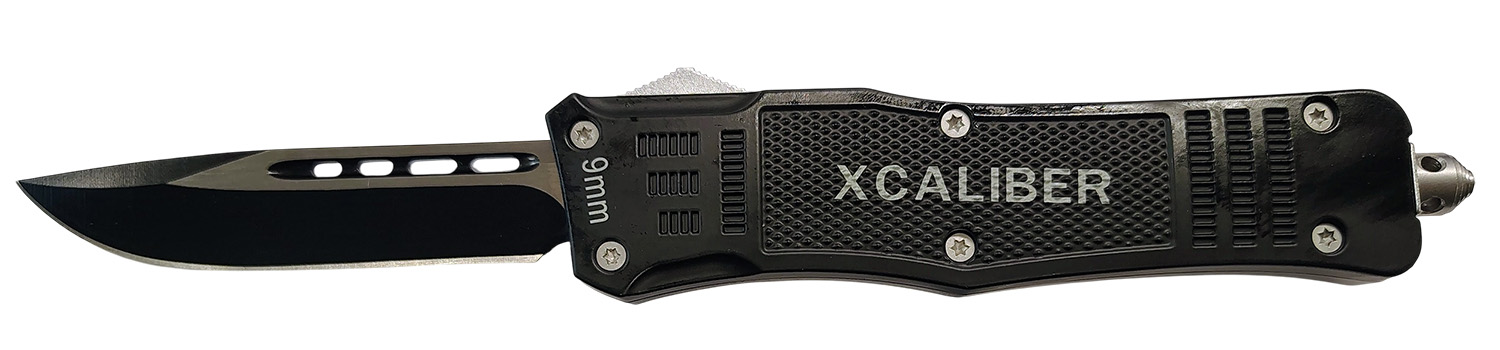 Xcaliber Knife Company 9mm Large 3.80″ OTF Drop Point Black 440C SS Blade, 5.30″ Steel Handle