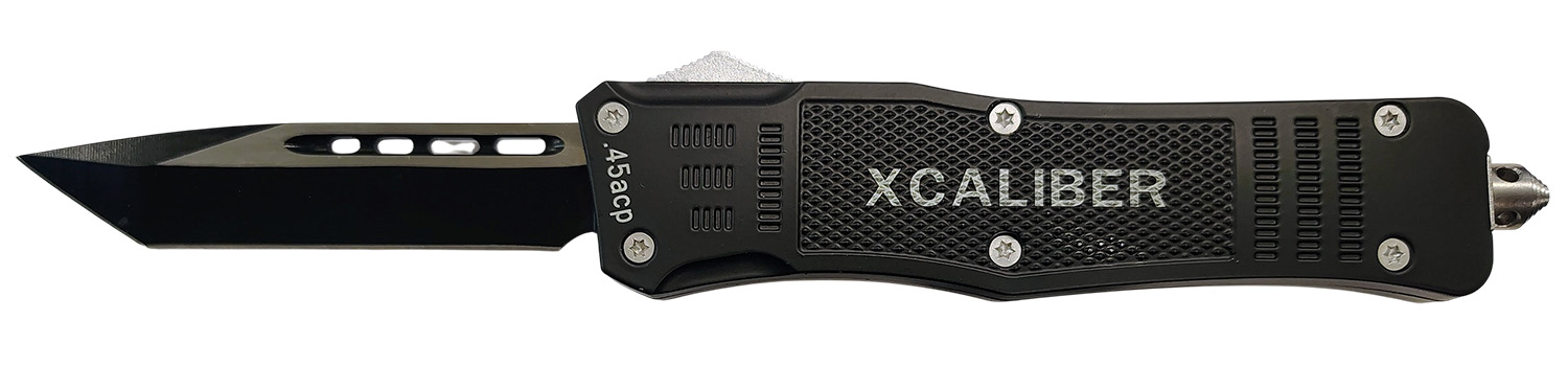 Xcaliber Knife Company 45 ACP Large 3.80″ OTF Tanto Plain Black 440C SS Blade, 5.30″ Steel Handle