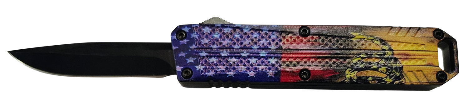 Xcaliber Knife Company Don’t Tread on Me Small 2.75″ OTF Drop Point Plain Black 440C SS Blade, 4.15″ US Flag Aluminum Handle
