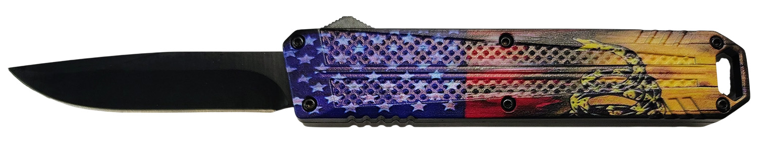Xcaliber Knife Company Don’t Tread on Me Medium 3.20″ OTF Drop Point Plain Black 440C SS Blade, 4.80″ US Flag Aluminum Handle