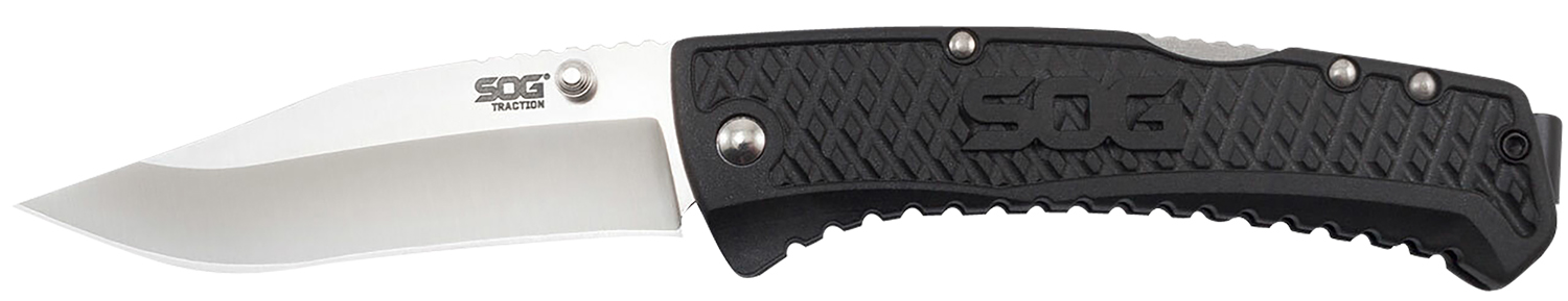 S.O.G SOG-TD1011-C Traction 3.50″ Folding Clip Point Plain Satin 5Cr13MoV SS Blade Black Textured GRN Handle Includes Pocket Clip