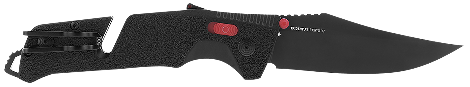 S.O.G SOG11120141 Trident AT 3.70″ Folding Clip Point Plain Black TiNi Cryo D2 Steel Blade/Black w/Red Accents GRN Handle Features Line Cutter/Glass Breaker