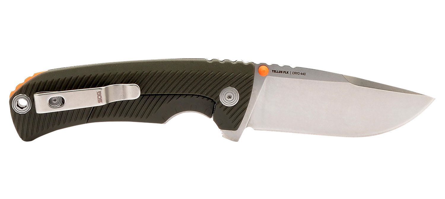 S.O.G SOG14060143 Tellus FLK 3.65″ Folding Clip Point Plain Stonewashed Cryo 440C SS Blade/ Olive Drab Textured GRN Handle