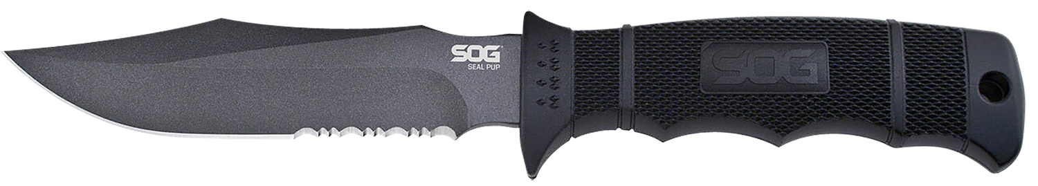 S.O.G SOGM37K Seal Pup 4.75″ Fixed Clip Point Part Serrated Powder Coated AUS-8A SS Blade Black w/Raised Diamond Pattern GRN Handle Includes Sheath