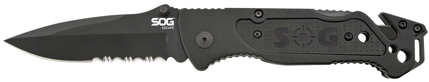 S.O.G SOGFF25CP Escape 3.40″ Folding Clip Point Part Serrated Black Hardcased 9Cr18MoV SS Blade Black Anodized Aluminum Handle Includes Belt Clip