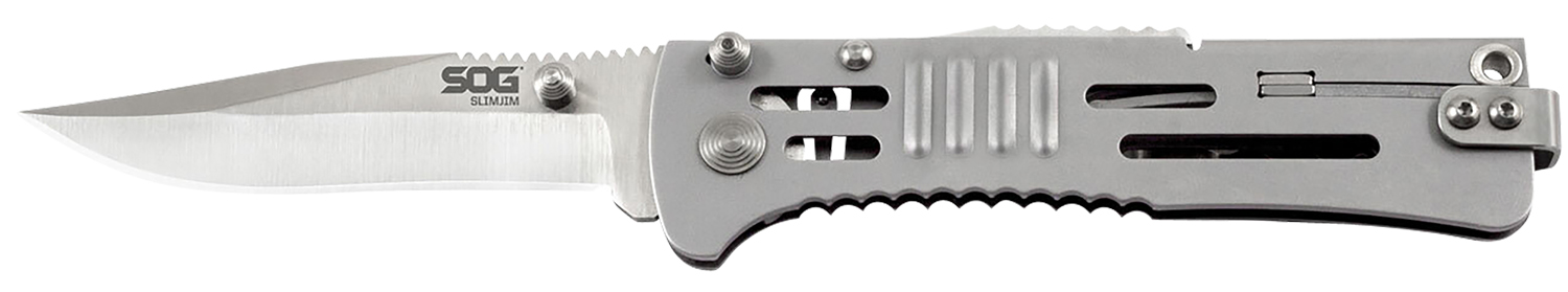 S.O.G SOG-SJ31-CP SlimJim 3.18″ Folding Clip Point Plain Satin AUS-8A SS Blade Bead Blasted 420 Stainless Steel Handle Includes Belt Clip