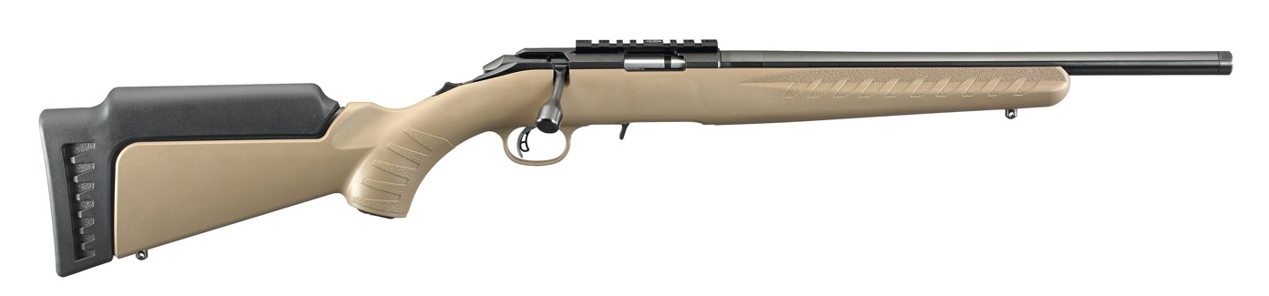 RUGER AMERICAN RIMFIRE 22 WMR 16IN THREADED BARREL 15RD SATIN BLUE/FDE MARKSMAN ADJ TRIGGER NO SIGHTS SCOPE RAIL WITH STANDARD LENGTH OF PULL MODULE 8370