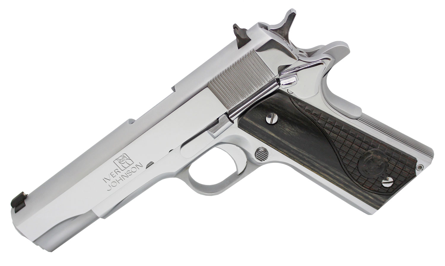 Iver Johnson Arms 1911A138CHRW 1911 A1 Government 70 Series 38 Super 9+1 5″ Bright Polish Chrome Serrated Steel Slide & Frame w/Beavertail, Black Dual Textured Diamondwood Grip, Right Hand