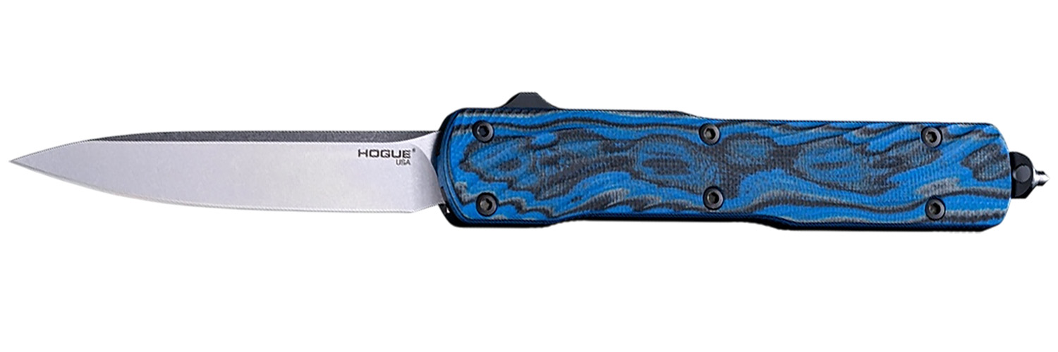Hogue 34873 Counterstrike 3.35″ OTF Drop Point Plain Stone Tumbled CPM 20V SS Blade, G-Mascus Blue Aluminum/G10 Handle