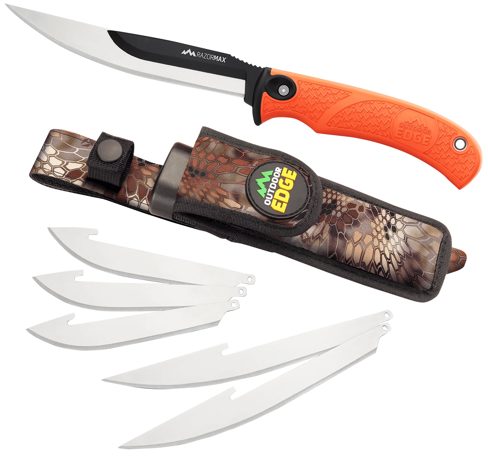 Outdoor Edge RMB20C RazorMax 6 Blades, 3.50″ Drop Point/5″ Boning Fillet Folding Plain Satin/Black Oxide 420J2 SS Blades, Blaze Orange Textured TPR Handle