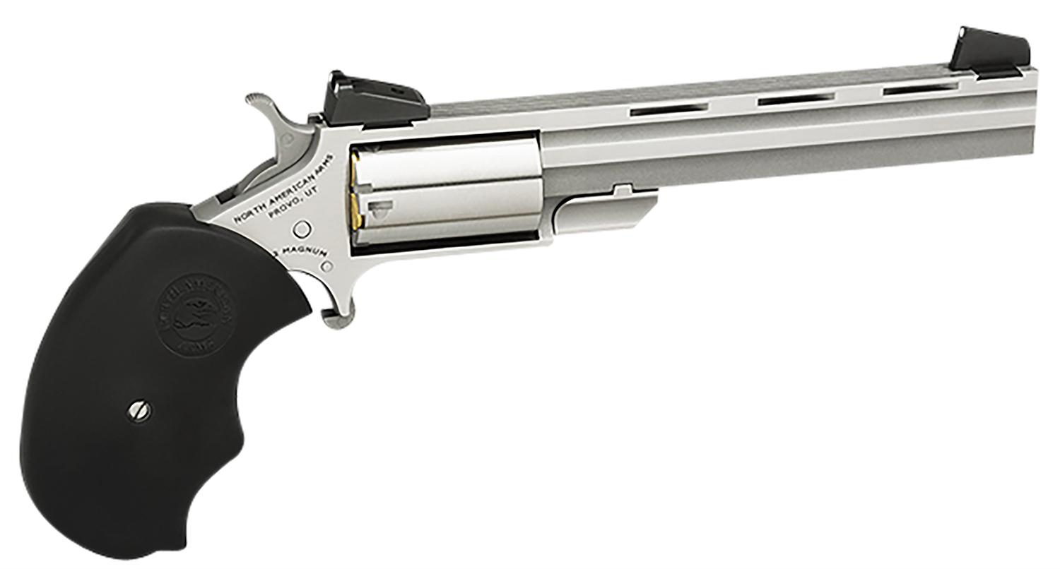 North American Arms MMTL Mini-Master *CA Compliant 22 LR 5 Shot 4″ Stainless Steel Vent Rib Barrel, Stainless Steel Frame, Stainless Cylinder, Black Finger Grooved Rubber Grip, Exposed Hammer