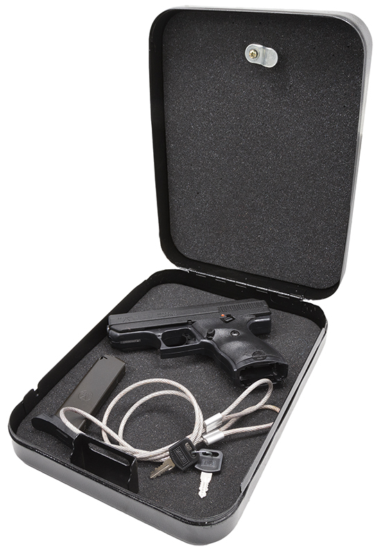 Hi-Point 916HSP CF Home Security Package 9mm Luger 8+1 3.50″ Black Steel Barrel Black Powder Coated/Chrome Serrated Steel Slide Black Polymer Frame Black Polymer Grip, Keyed Lock Box