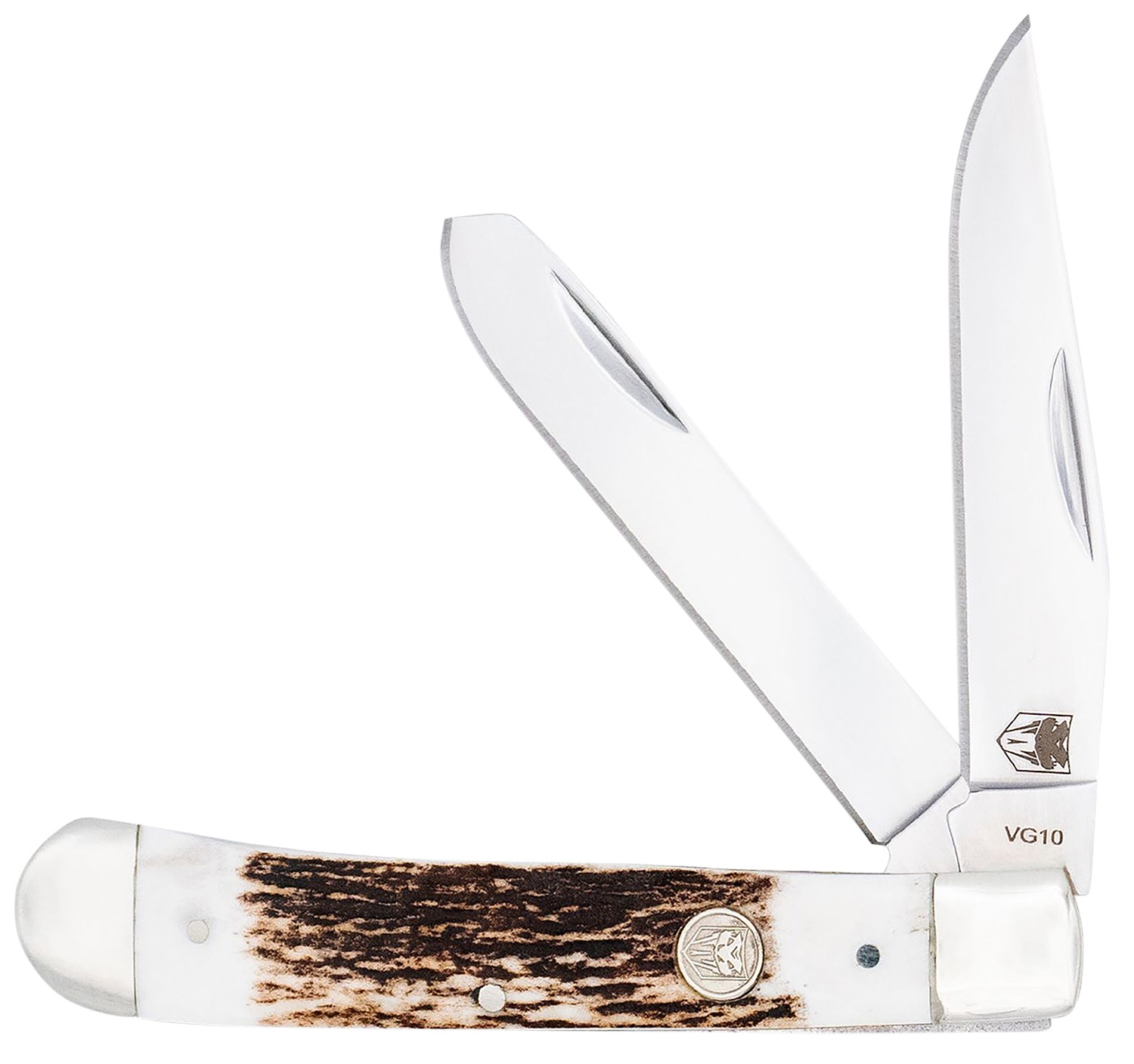 CobraTec Knives CTTDTRPSTAG Trapper Folding 2.88″ Clip Point, 2.94″ Spey Plain Polished VG-10 SS Blades, 4.44″ Stag Bone Scales/SS Handle