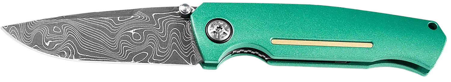 Boker 111102DAM 3.22″ Drop Point Plain Damascus Blade Green Aluminum Handle