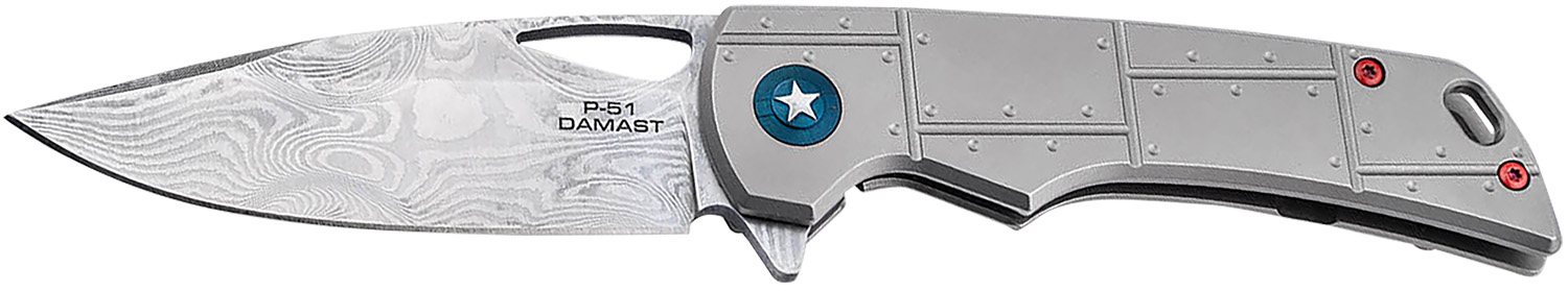 Boker 01BO910DAM P-51 Damast  3.35″ Drop Point Plain Silver Acid Etch Damascus Blade Titanium Handle