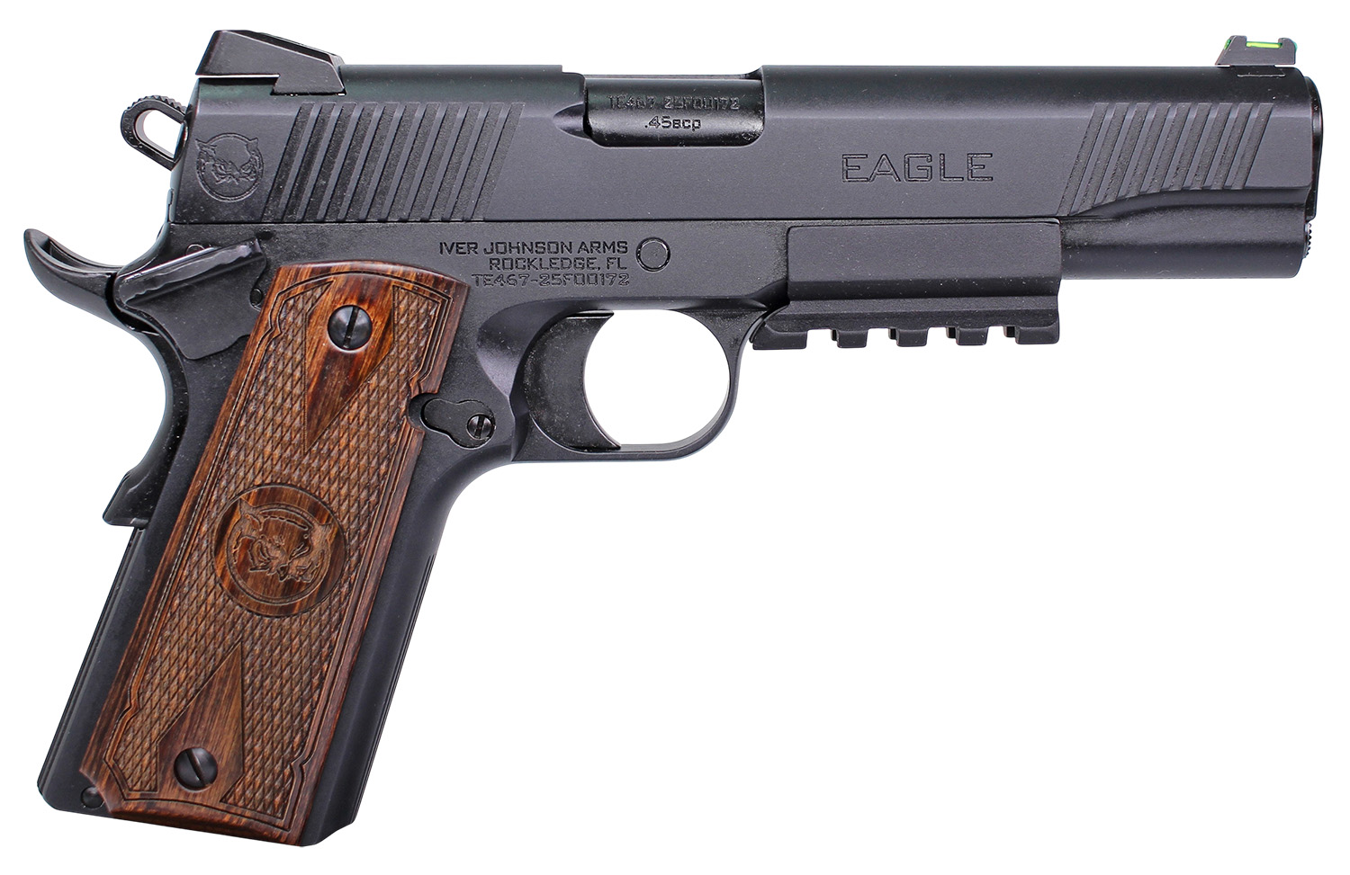 Iver Johnson Arms EAGLELRG2 Eagle Gen2 LR Government 45 ACP 8+1 5″ Overall Black QPQ Crowned Barrel, Steel Serrated Slide & Frame w/Beavertail, Dymondwood Engraved w/Logo Grip