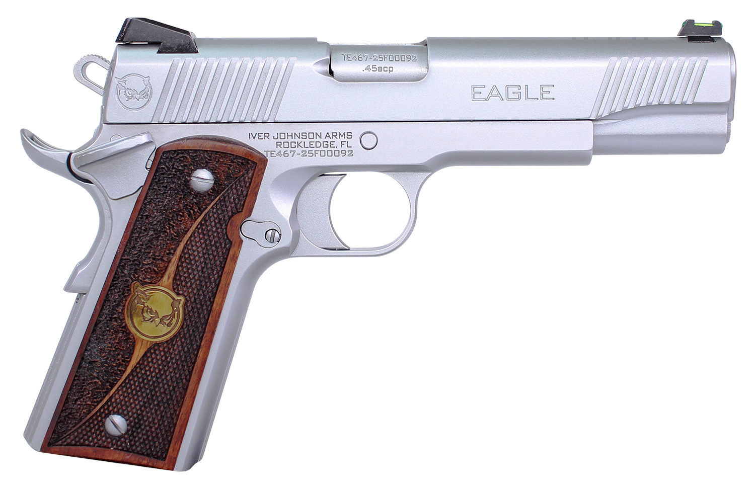 Iver Johnson Arms EAGLEHC Eagle Gen2 HC Government Frame 45 ACP 8+1 5″ Overall Satin Hard Chrome Crowned Barrel, Serrated Steel Slide & Frame w/Beavertail, Textured Walnut w/Brass Logo Medallion Grip
