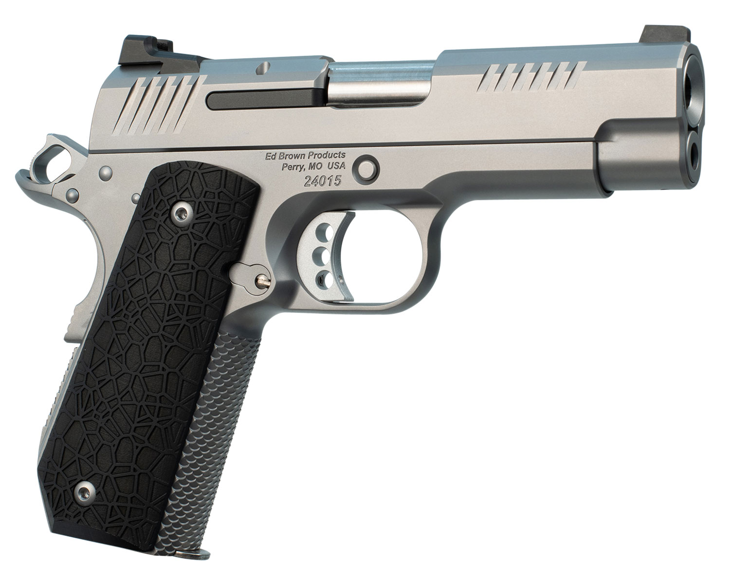 Ed Brown EVOKC9 1911 EVO KC9 9mm Luger 9+1 4″ Barrel, Snakeskin Serrated Stainless Steel Bobtail Frame, Serrated Slide w/Recessed Slide Stop, Black G10 Grip