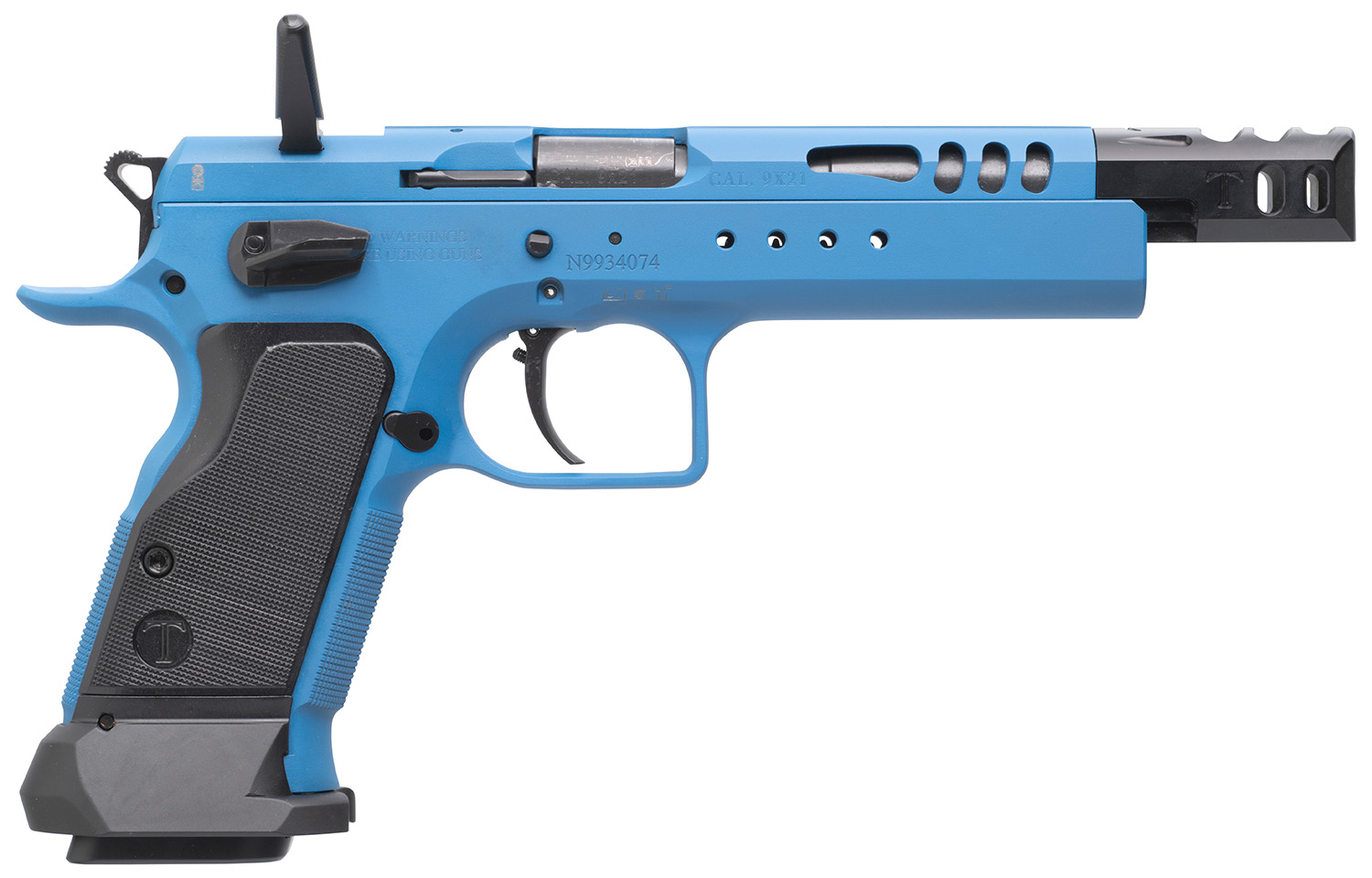 Tanfoglio IFG TFDOM9 Domina 9mm Luger Caliber with 5.20″ Barrel, 17+1 or 19+1 Capacity, Overall Blue Finish Steel, Beavertail Frame, Ported Slide & Black Polymer Grip