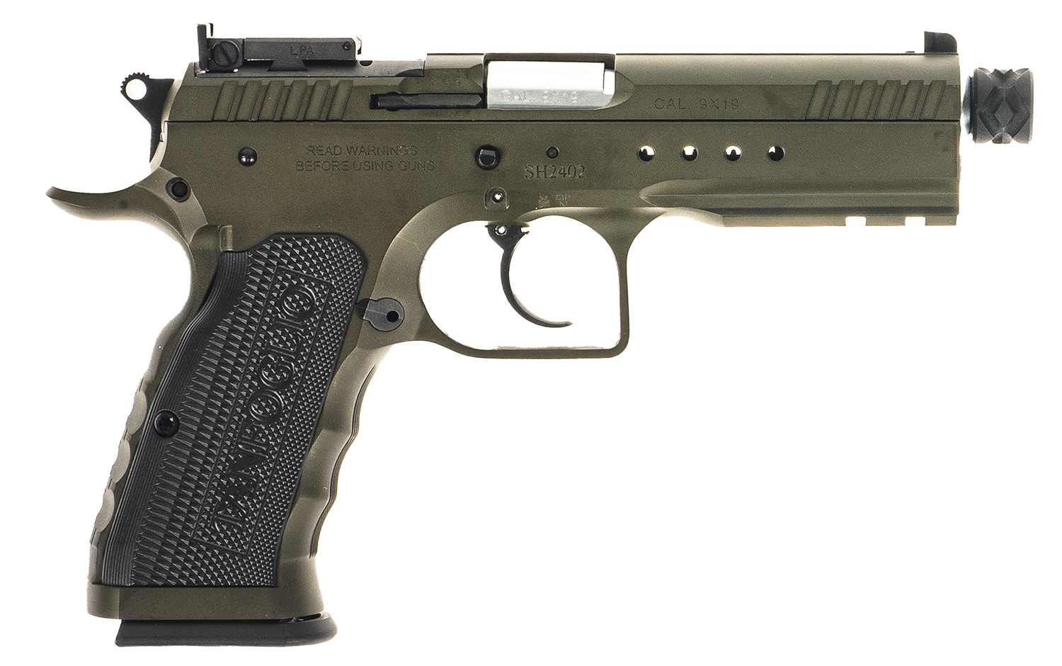 Tanfoglio Defiant Tactical Pro 9mm Luger 20+1 4.50″ Stainless Threaded Barrel, Green Steel Optic Ready/Ported/Serrated Slide, Green Steel Frame w/Beavertail & Picatinny Rail, Black Polymer Grip