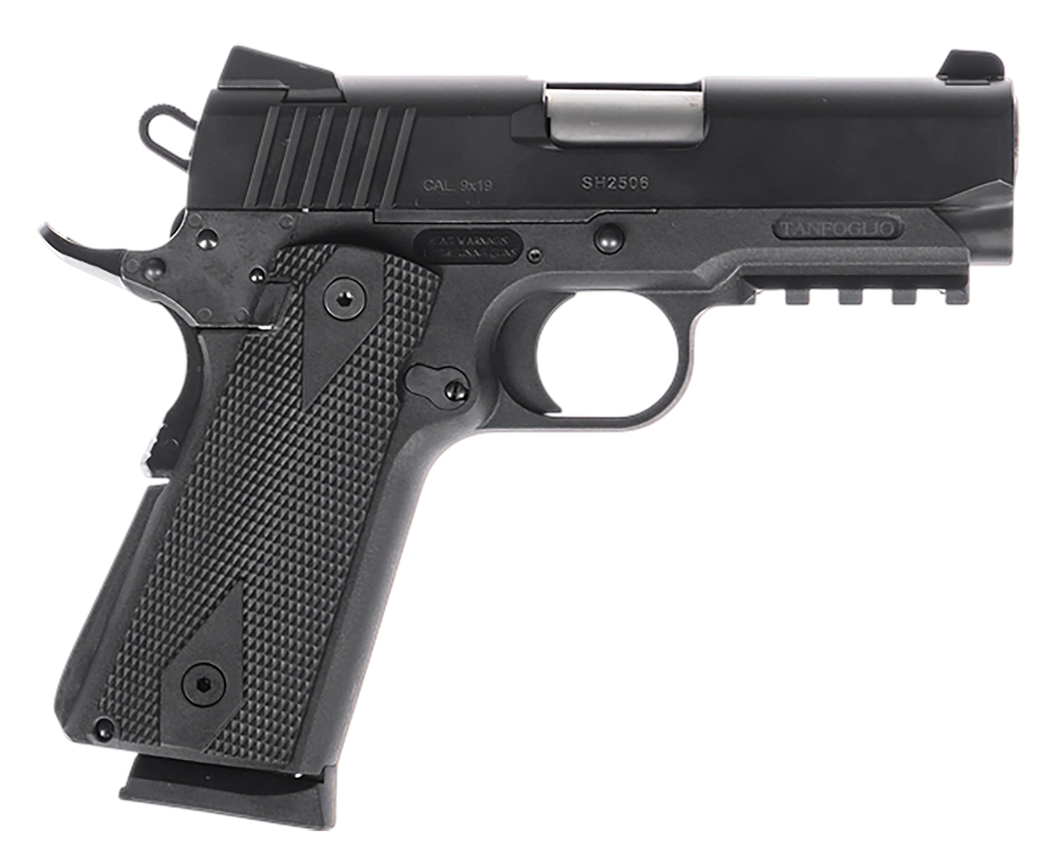 Tanfoglio TFPUGIO9 Pugio Compact 9mm Luger 10+1 3.54″ Stainless Bull Barrel, Black Steel Serrated Slide, Black Polymer Frame w/Beavertail & Picatinny Rail, Textured Grip