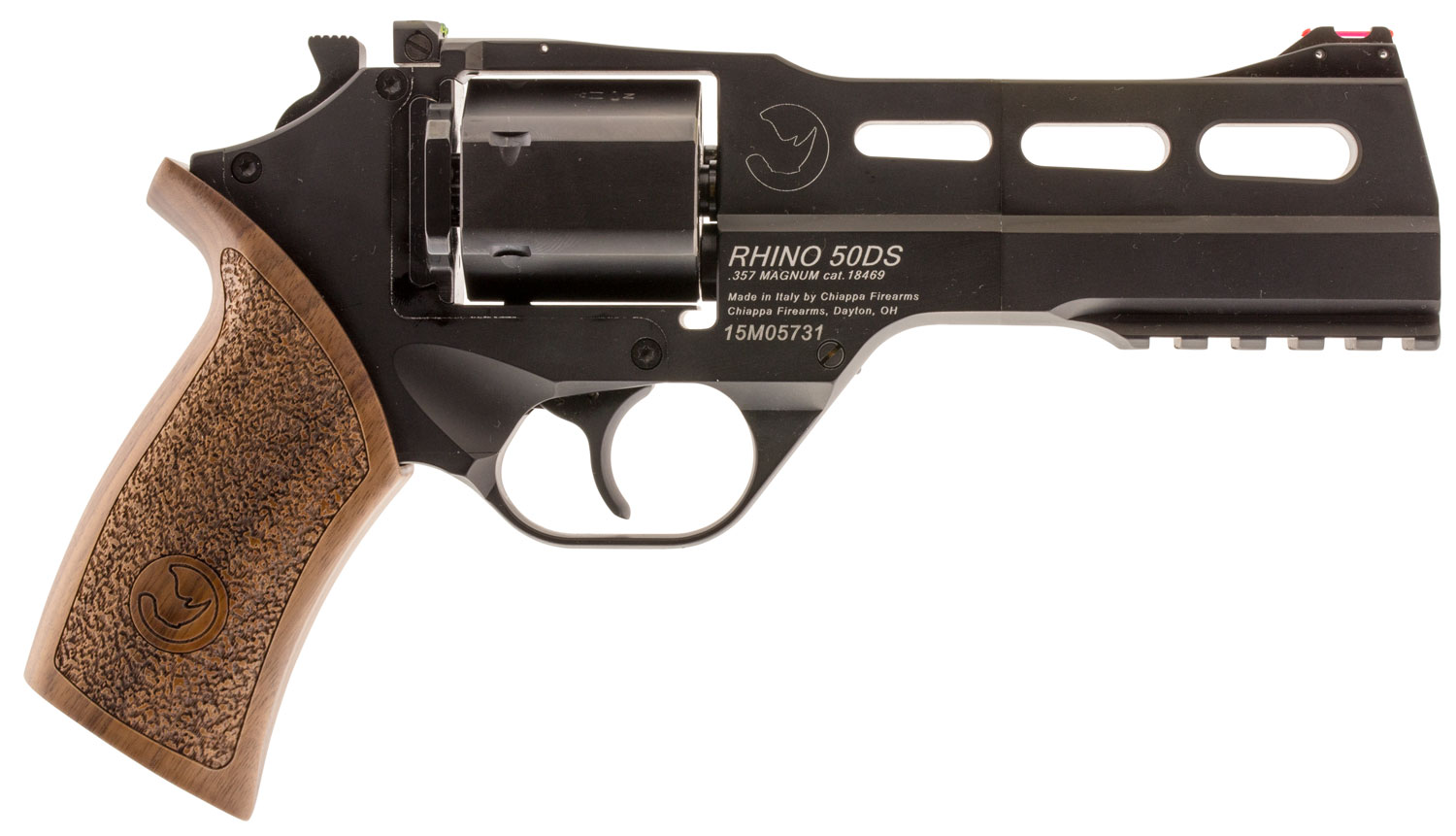 Chiappa Firearms CF340246 Rhino 50SAR Medium Frame 357 Mag 6rd 5″ Black Anodized Steel Vent Rib Barrel, Black Cylinder, Black Anodized Aluminum Frame w/Picatinny Rail, Walnut Grip, Exposed Hammer