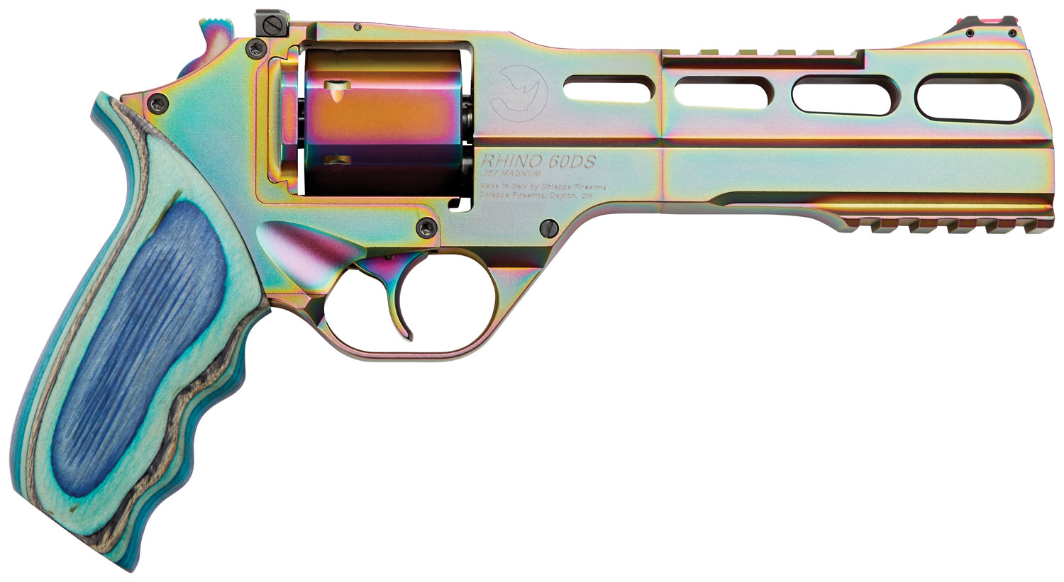 Chiappa Firearms 340301 Rhino 60DS Nebula 357 Mag Caliber with 6″ Picatinny Rail/Vent Rib, 6rd Capacity Cylinder, Overall Rainbow PVD Metal Finish & Blue Laminate Grip