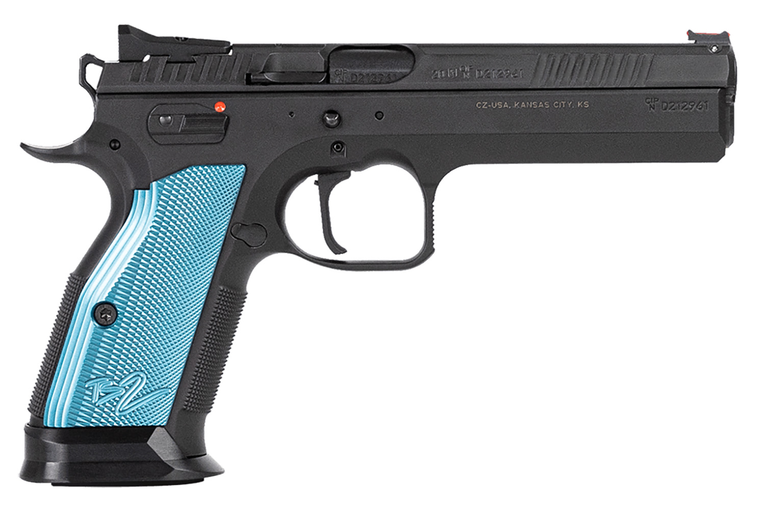 CZ-USA 91222 TS 2 40 S&W 17+1 5.28″ Black Steel Barrel, Black Serrated Steel Slide, Black Polycoat Steel Frame w/Beavertail, Blue Checkered Aluminum Grip, Ambidextrous