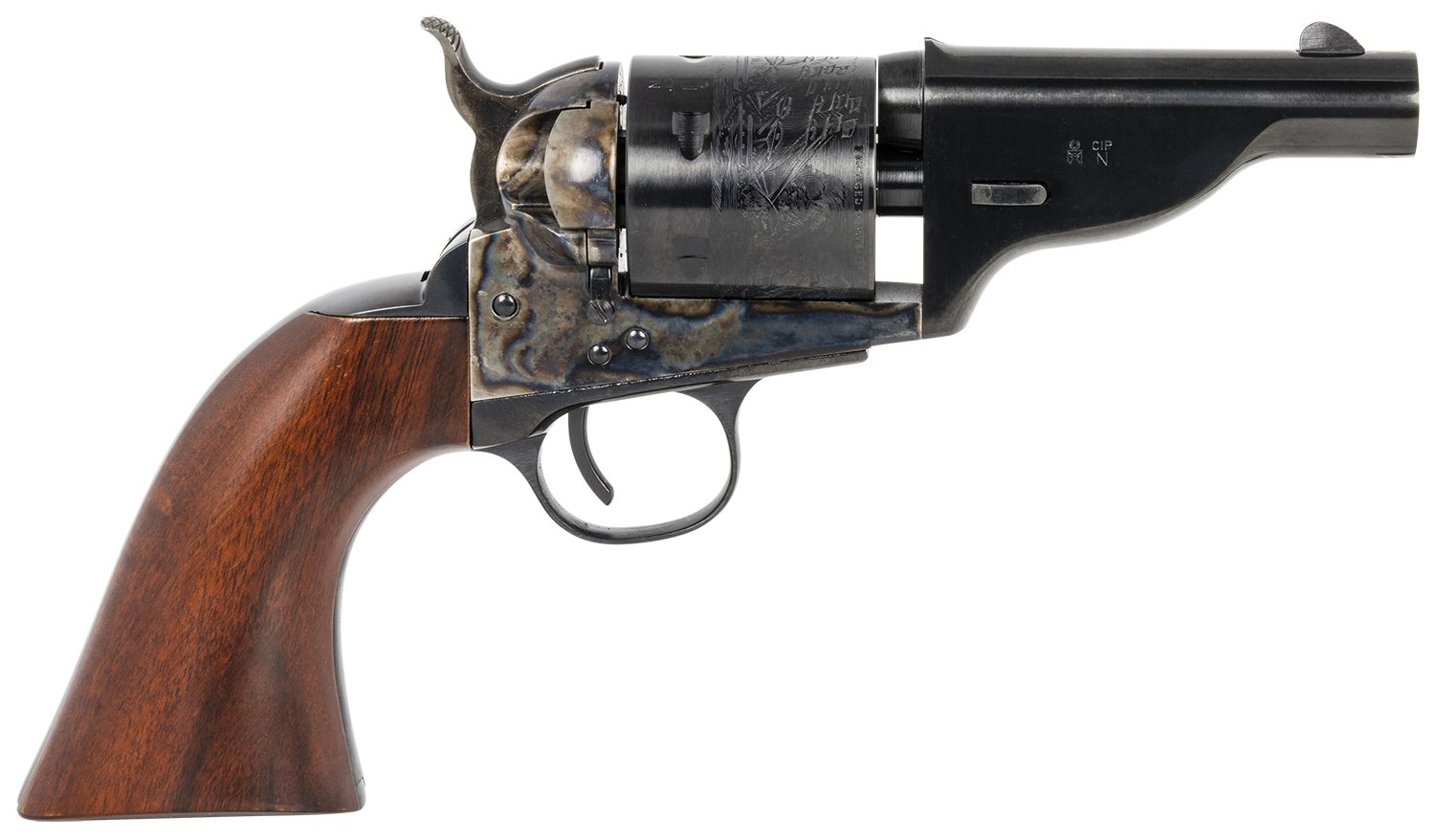 Taylors & Company 550957 The Hickok Open-Top 45 Colt (LC) Caliber with 3.50″ Blued Finish Barrel, 6rd Capacity Blued Finish Cylinder, Color Case Hardened Finish Steel Frame & Walnut Army Size Grip
