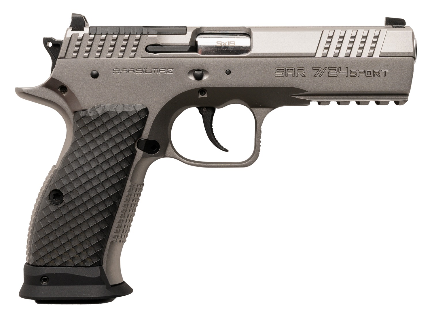 Sarsilmaz SAR7/24SPT 7/24 9mm Luger 17+1 4.40″ Stainless Barrel, Matte Stainless Steel Optic Cut/Serrated Slide, Matte Stainless Steel Frame w/Beavertail & Picatinny Rail, Black Polymer Grip