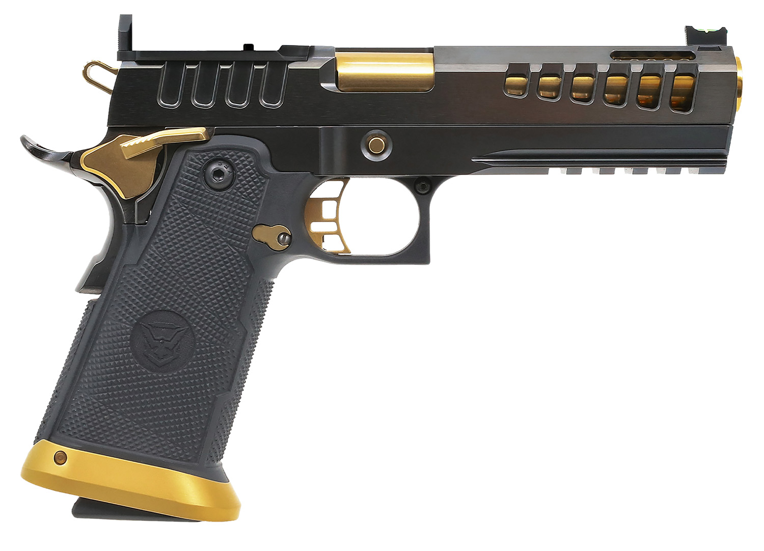 Watchtower Firearms DEMOLITIA9MM5ELITE Demolitia Full Size Frame 9mm Luger 20+1 5″ Gold Plated PVD Ported Barrel, Graphite PVD Optic Cut/Serrated Steel Slide, Graphite PVD Frame, Black Textured Grip