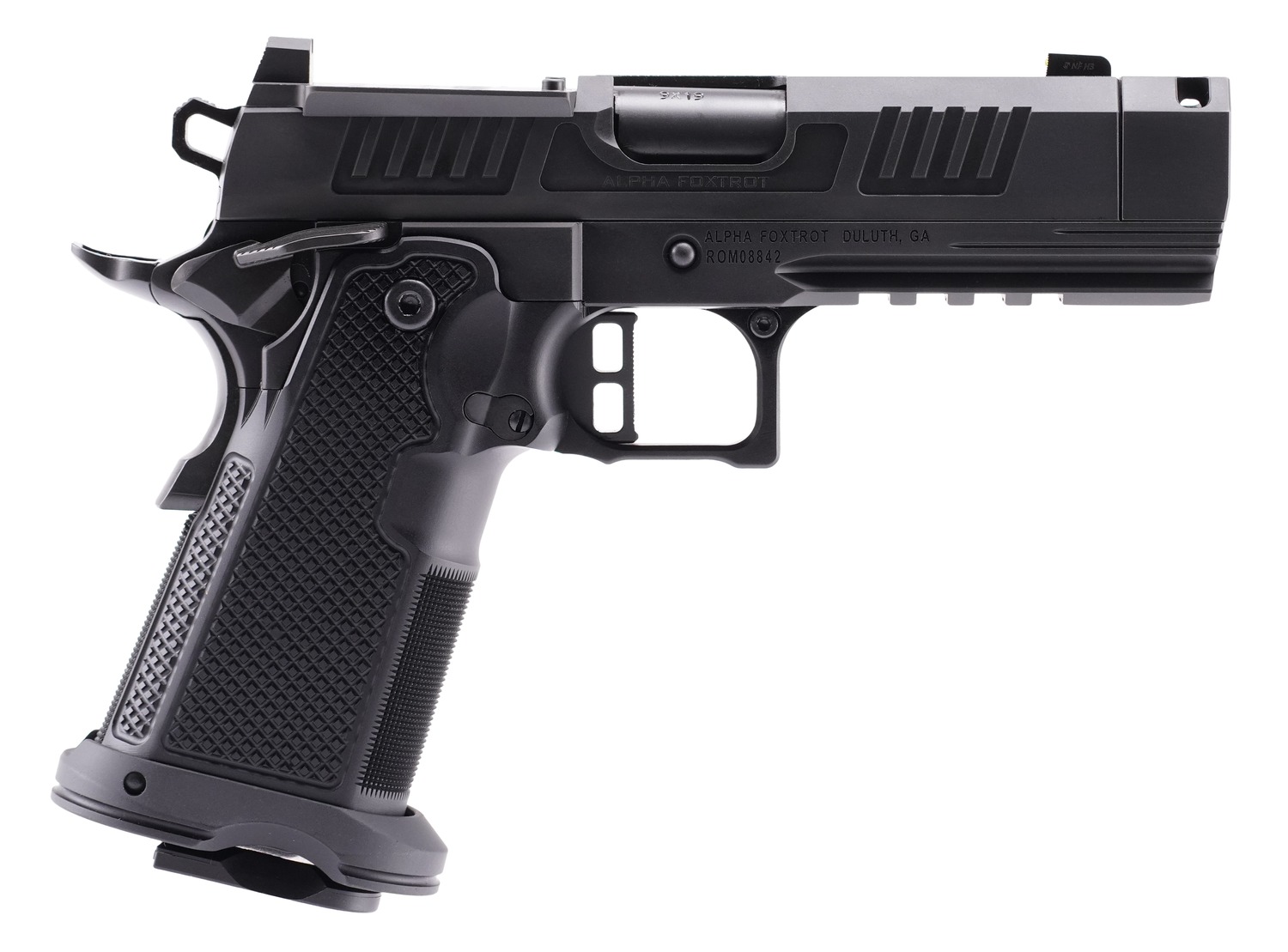 Alpha Foxtrot AA47X1QIG-XDBK19 AF1911 Romulus 9mm Luger 20+1 3.50″ Black DLC Stainless Steel Threaded Compensated Barrel, Optic Ready/Serrated Slide & Frame w/Beavertail & Picatinny Rail, Aluminum Gri