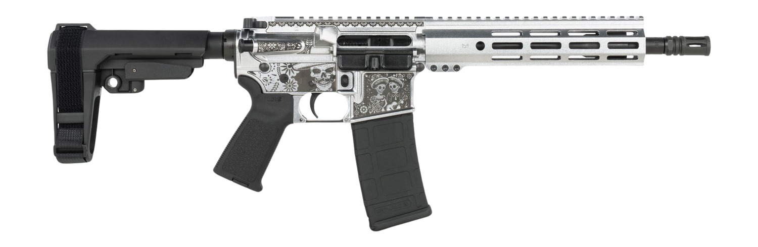 Shark Coast Tactical SCC07374DOD-P Day of the Dead  5.56 NATO 30+1 10.50″ Black Nitride Threaded Barrel, Aluminum Laser Engraved Receiver w/Picatinny Rail, M-LOK Handguard, Polymer SB Tactical SBA3 Br