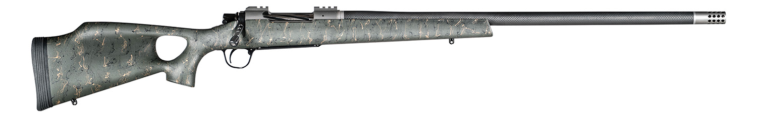 Christensen Arms CA10269815323 Summit TI  Full Size 28 Nosler 3+1, 26″ Natural Titanium Steel Threaded Barrel, Natural Titanium Aluminum Receiver, Green w/Black/Tan Webbing Fixed Thumbhole Stock
