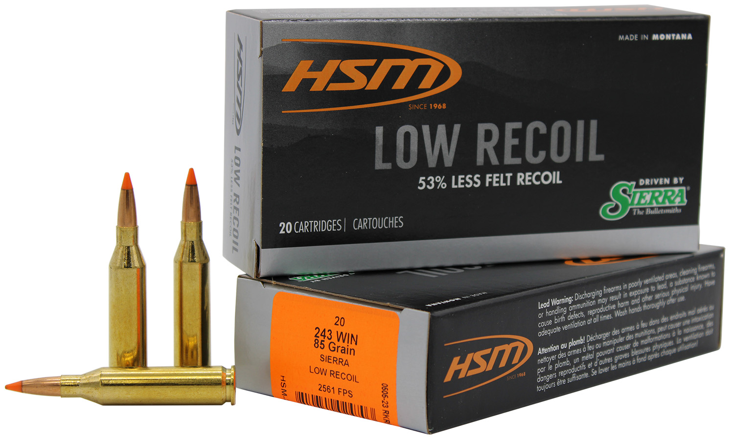HSM 24318N Low Recoil  243 Win 85 gr Orange Polymer Tip 20 Per Box/ 25 Case