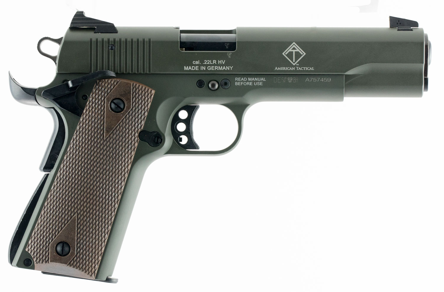 GSG GSG2210M1911G 1911 22 LR 10+1 5″ Threaded Barrel, OD Green Serrated Slide, OD Green Zinc Alloy w/Beavertail Frame, Double Diamond Walnut Grip