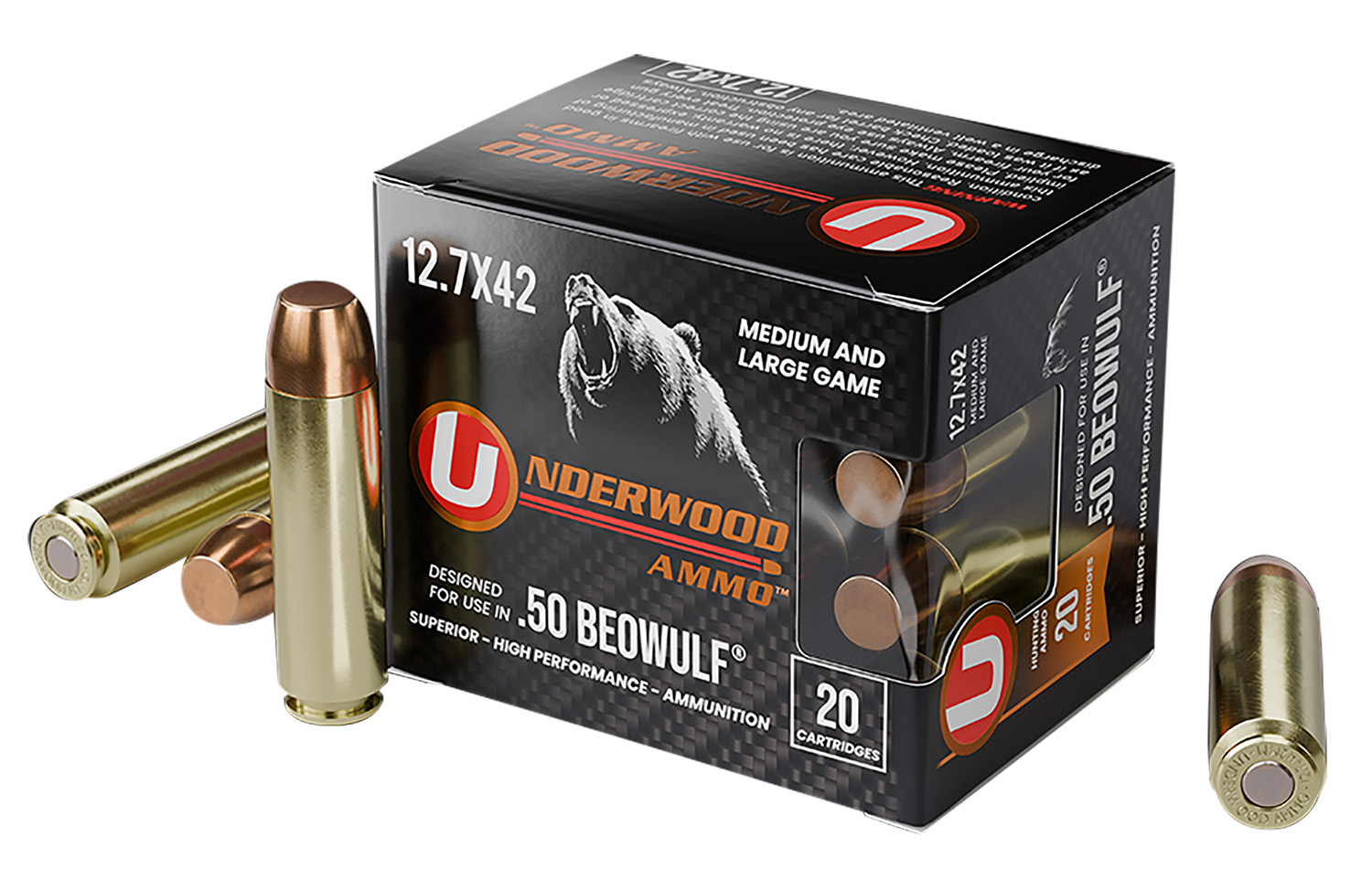 Underwood Ammo 557Underwood Ammo 557 50Beowulf 350gr Full Metal Jacket Flat Nose 20 Per Box/10 Case
