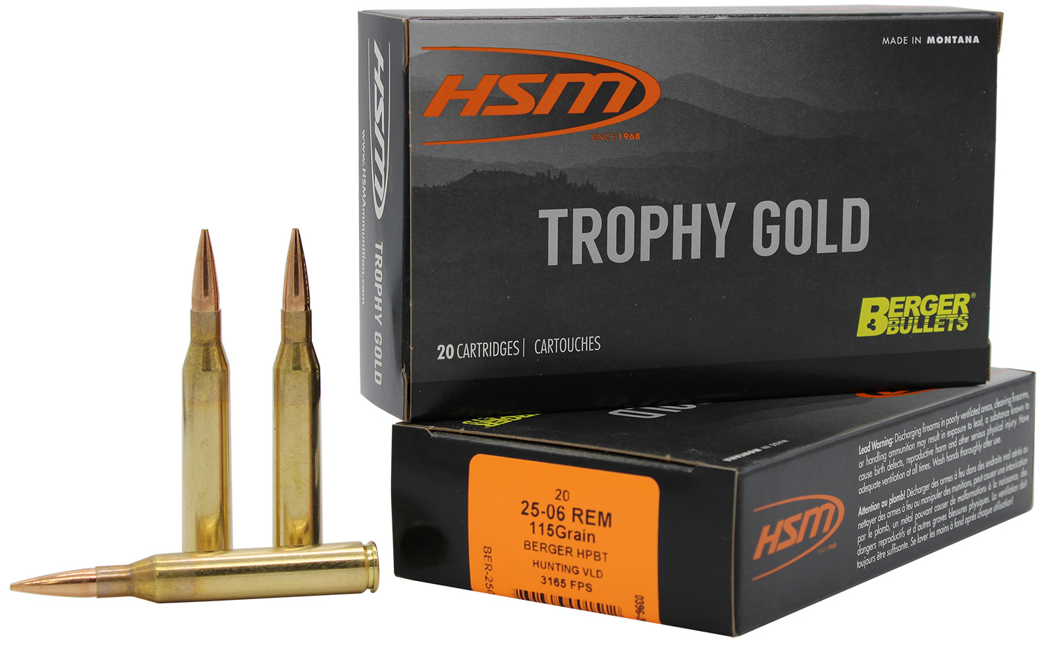 HSM 2506115VLD Trophy Gold Extended Range 25-06 Rem 115 gr Berger Hunting VLD Match 20 Per Box/ 20 Case