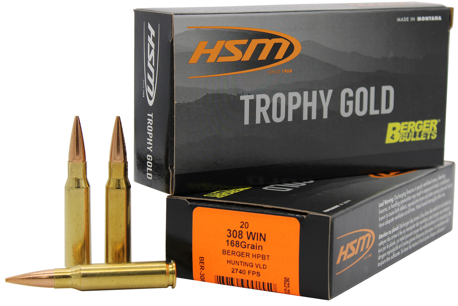 HSM 308168VLD Trophy Gold Extended Range 308 Win 168 gr Berger Hunting VLD Match 20 Per Box/ 25 Case