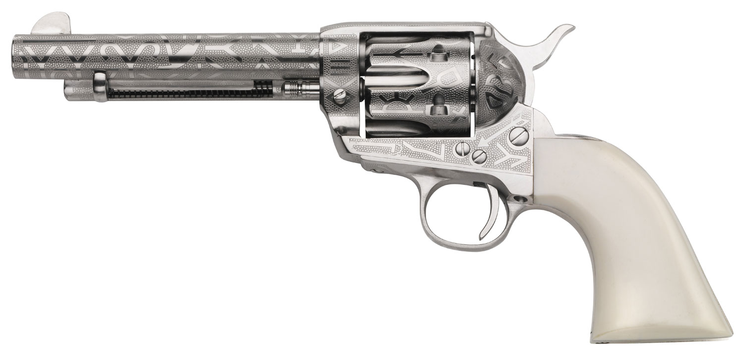 Taylors & Company 200060 1873 Cattle Brand Pietta 38 Special/357 Mag 6 Shot 5.50″ Nickel Engraved Round Barrel, Nickel Engraved Cylinder & Steel Frame, White PVC Navy Grip, Exposed Hammer