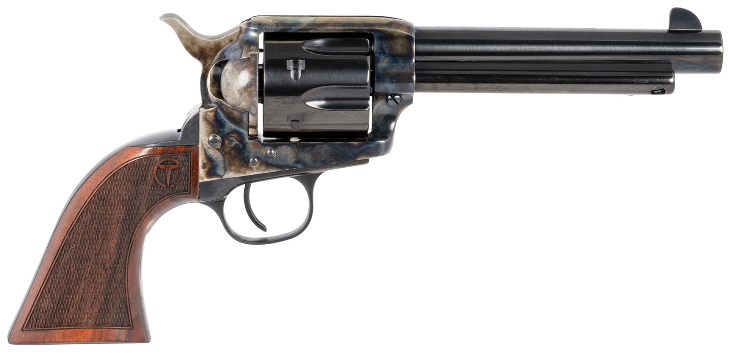 Taylors & Company 550813 Smoke Wagon  45 Colt (LC) Caliber with 5.50″ Blued Finish Barrel, 6rd Capacity Blued Finish Cylinder, Color Case Hardened Finish Steel Frame & Checkered Walnut Grip