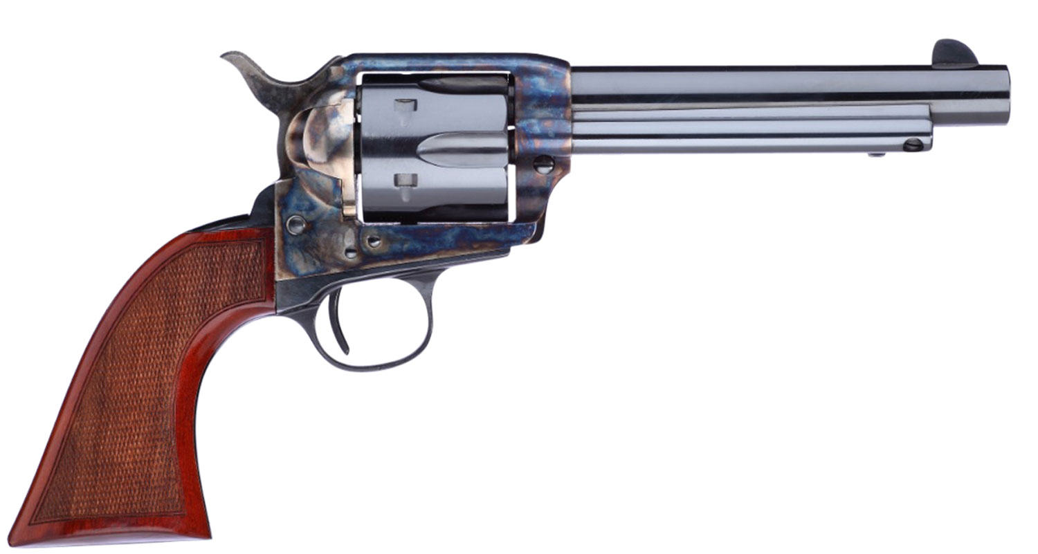Taylors & Company 555138 1873 Cattleman Gunfighter 357 Mag Caliber with 5.50″ Blued Finish Barrel, 6rd Capacity Blued Finish Cylinder, Color Case Hardened Finish Steel Frame & Walnut Army Size Grip