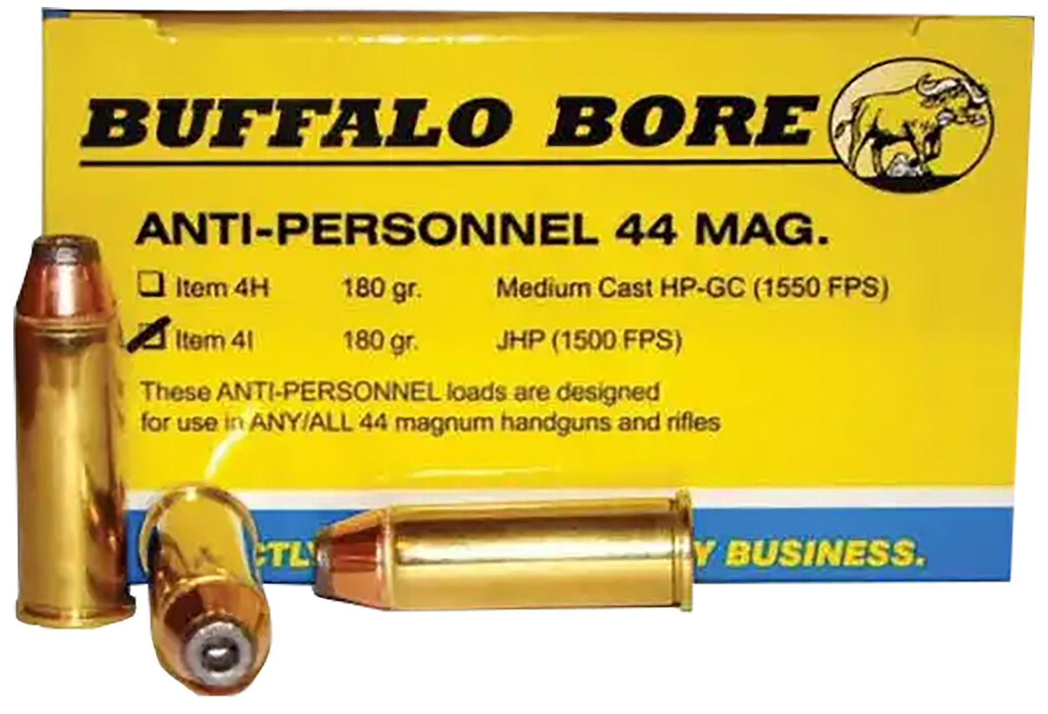 Buffalo Bore Ammunition 4I20 Anti-Personnel Strictly Business 44Rem Mag 180gr Jacketed Hollow Point 20 Per Box/12 Case