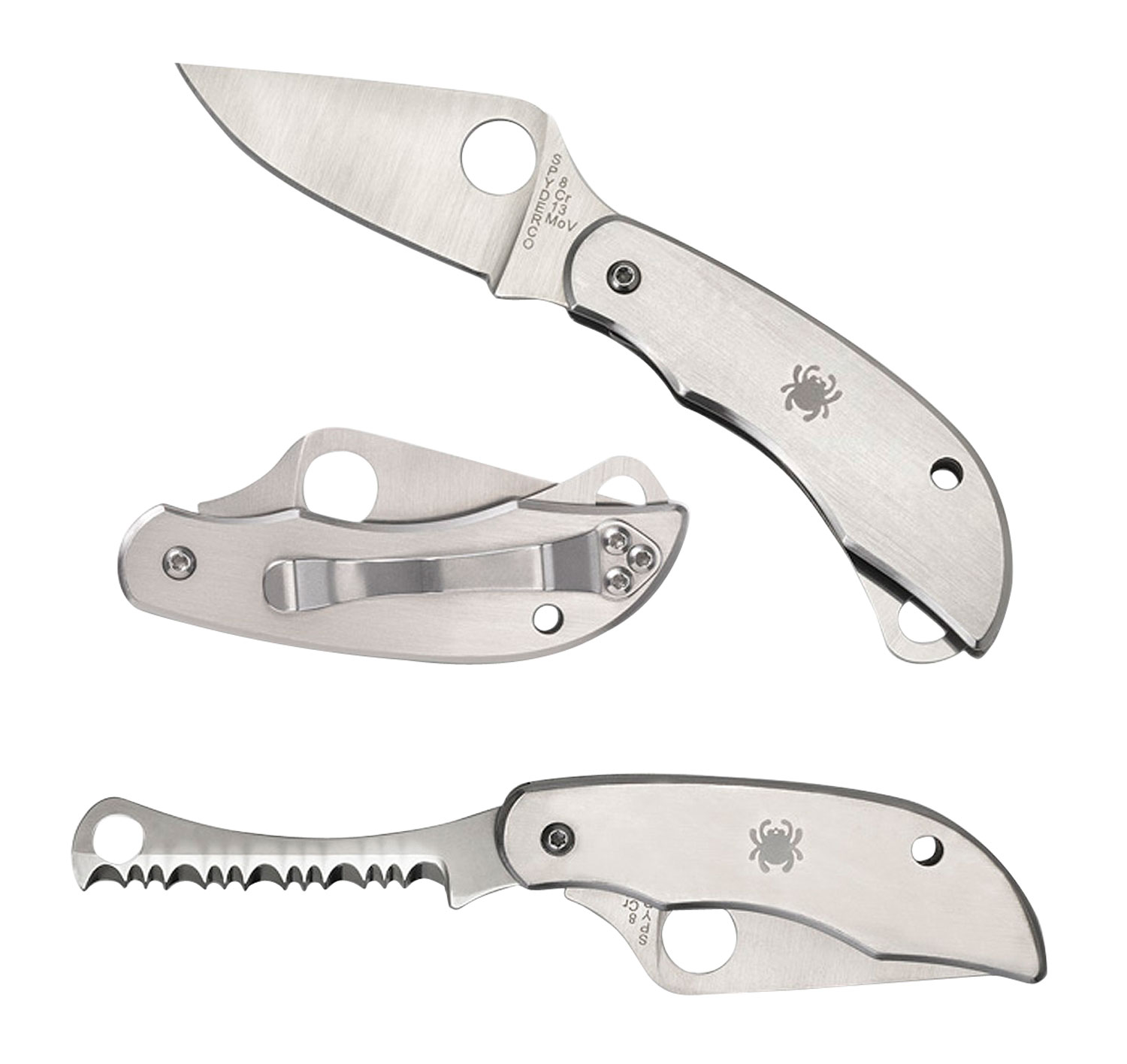Spyderco C176P&S Clipitool Silver Stainless Steel Folding 8Cr13MoV SS 4.57″/4.59″ Long Part Serrated Blade Stainless Steel Handle Features Screwdriver/Opener