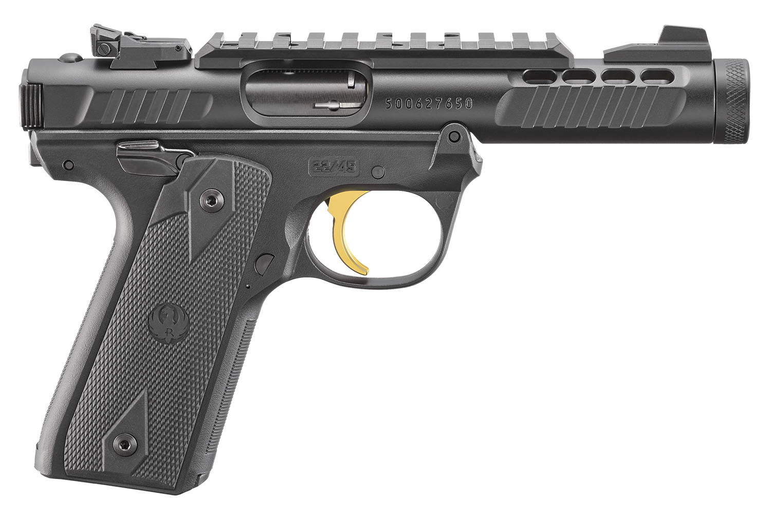Ruger 43956 Mark IV 22/45 Lite 22 LR 10+1 4.40″ Stainless Threaded Barrel, Black Anodized Serrated Slide w/Picatinny, Black Anodized Polymer Frame, Black Checkered 1911-Style Grip