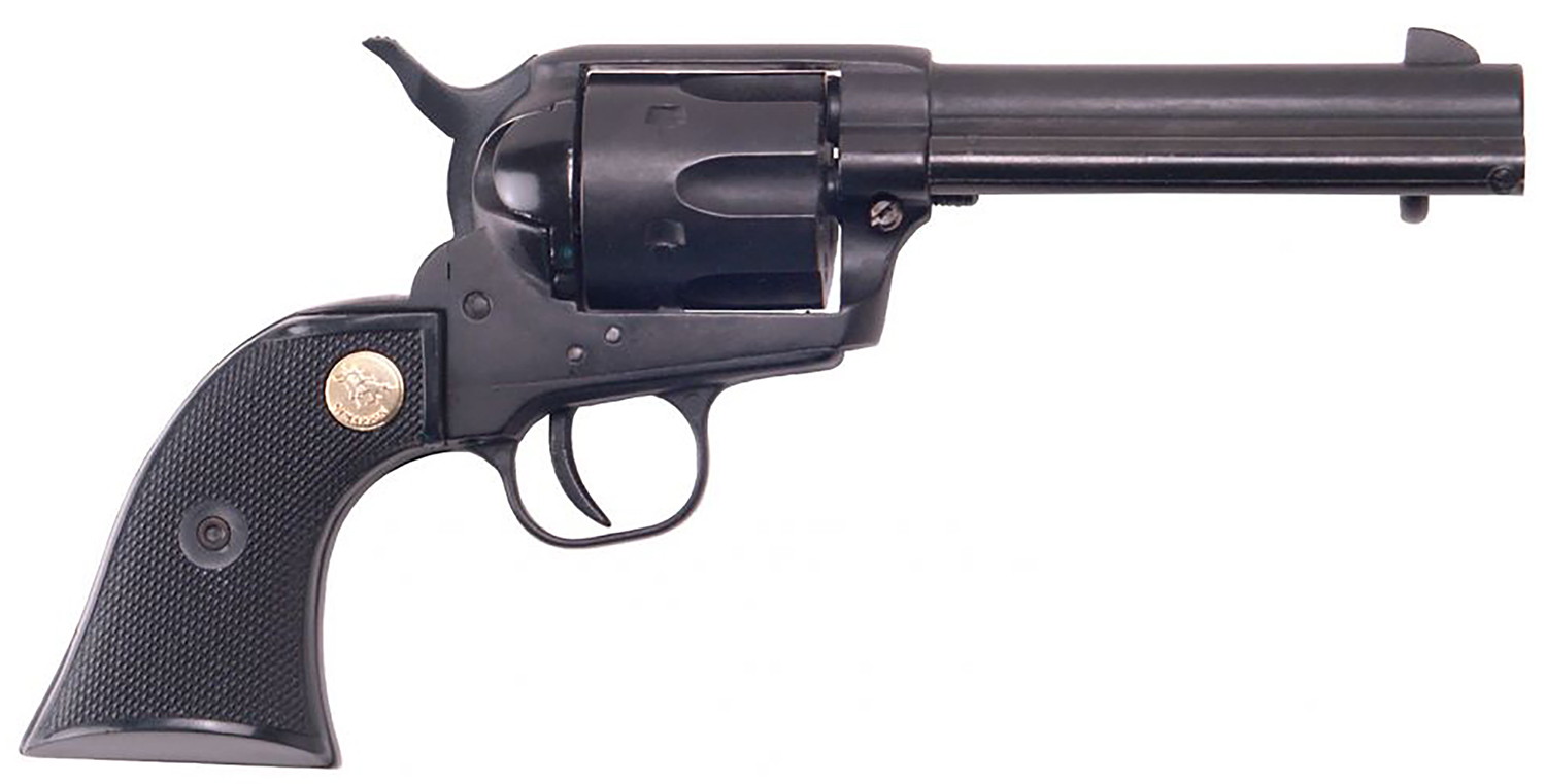 Cimarron ASPLINK1 Plinkerton 22 LR 6 Shot 4.75″ Matte Black Steel Barrel, Frame & Cylinder, Black Checkered Plastic w/Medallion Grip, Exposed Hammer