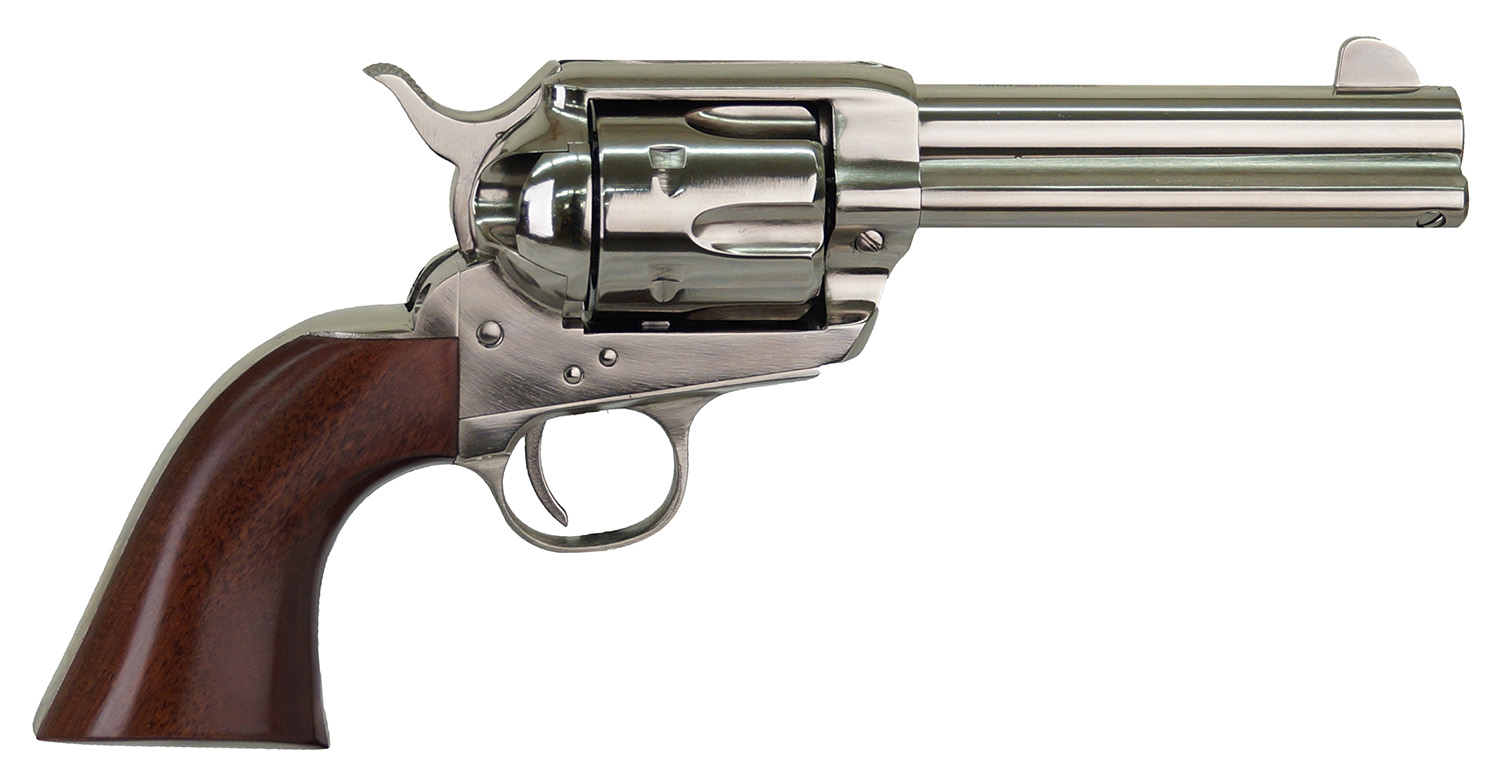 Cimarron PPP357N Pistolero 38 Special/357 Mag 6 Shot, 4.75″ Nickel-Plated Steel Barrel, Cylinder & Frame, Wide Front Sight, Smooth Walnut Grip